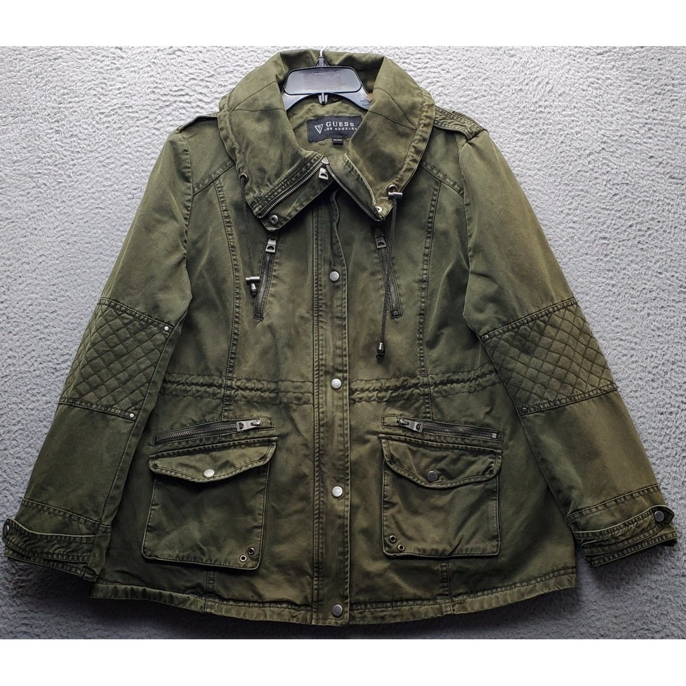 Guess Utility Jacket‎ Womens XXL Army Green Canvas Cinch Waist Snap Inside Zip
